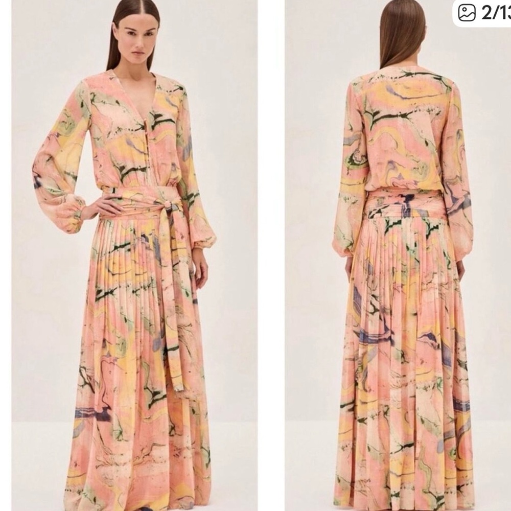 Alexis - Diane Pleated Blouson-Sleeve Tie-Waist Maxi Dress